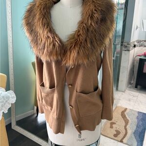 MICHAEL Michael Kors Tan Cardigan with Faux Fur Collar